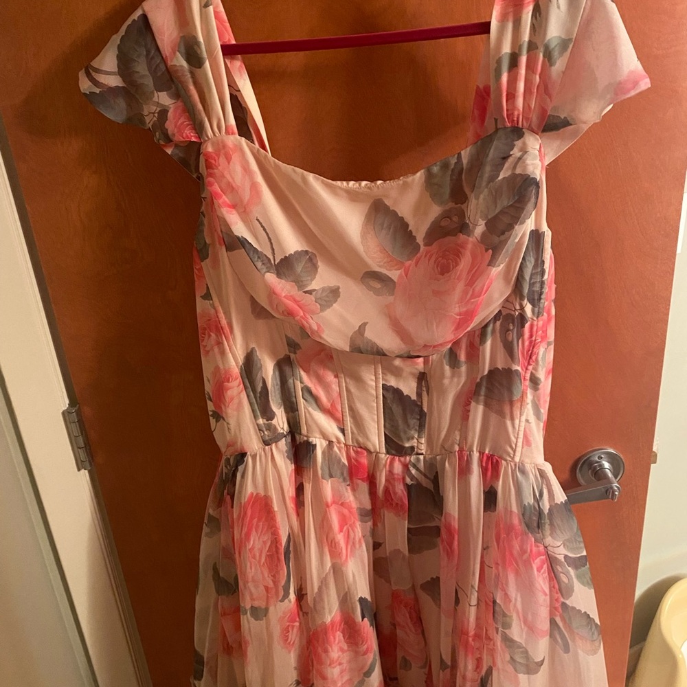 Ivy City Co Rose-Print Pink and Green Chiffon Dress
